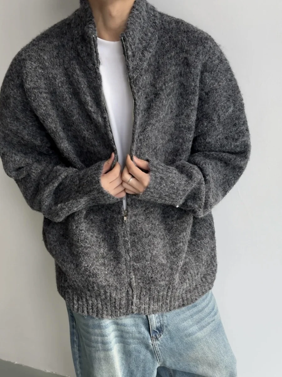 

Retro Lazy Sle Deep ey Zipper Knitted Sweater Jaet Men's Casual Dirt Resistant Open Cardigan for Autumn Winter