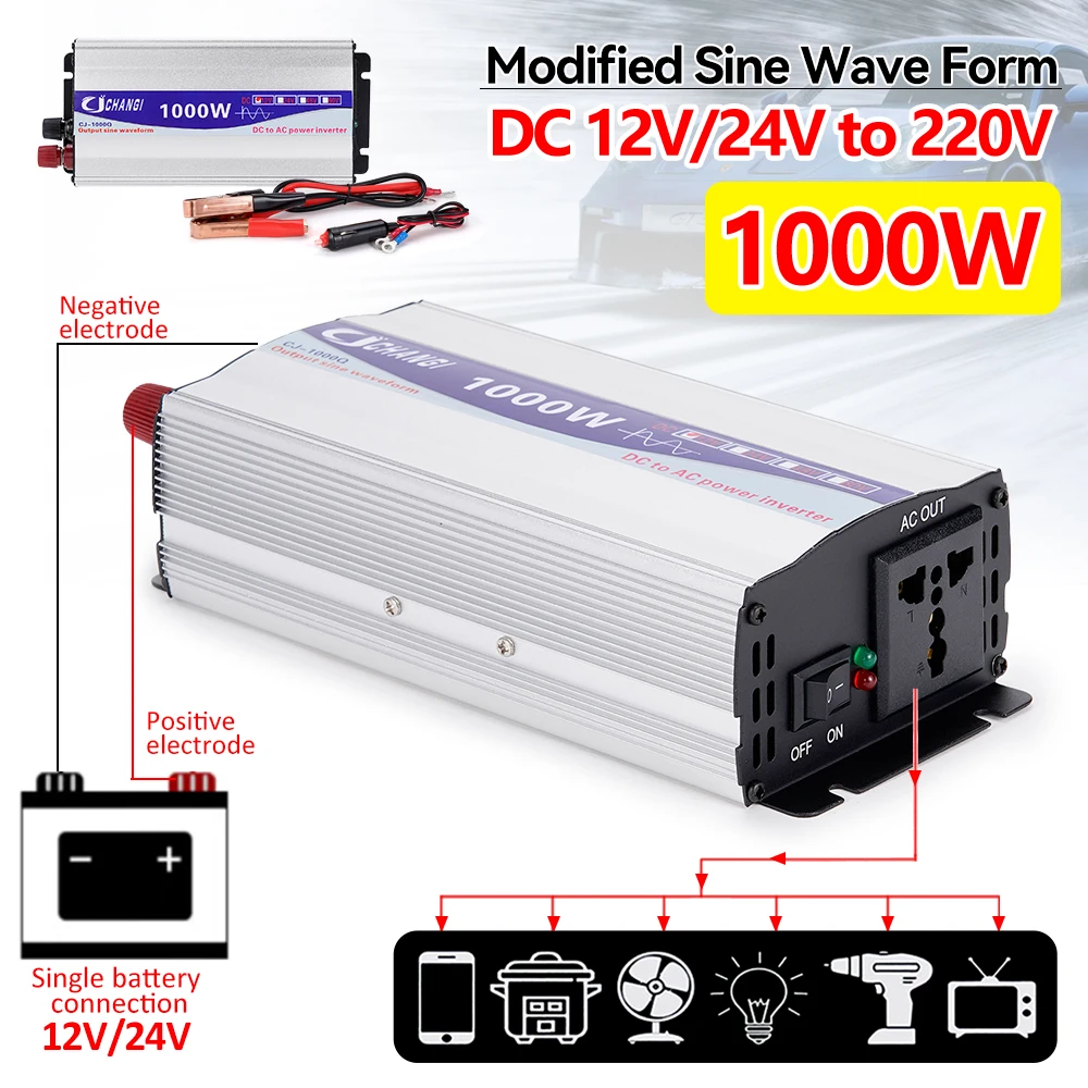 1000W Car Inverter LED Display Pure Sine Wave 500W Power Inverter 12V/ 24V To 220V Converter Transformer Power Supply Inverter