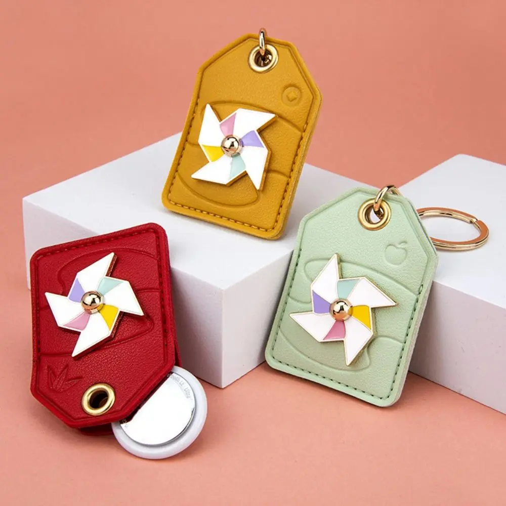 Leather Rotating Windmill Keychain Creative Cute Winnower Access Card Holder Funny Keyring Key Protective Case Hanging Accessory