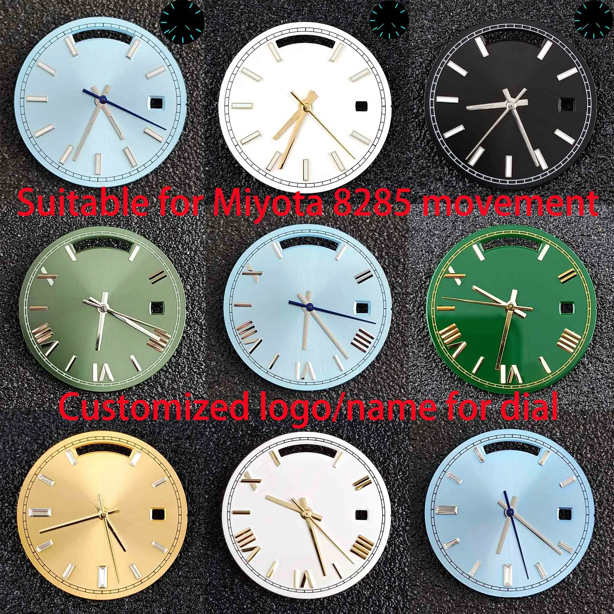 Fit for Miyota 8285 Movement Dial and Hands 31mm Up and Down Dual Calendar Dial Blue Green Luminous Watch Replace Accessories