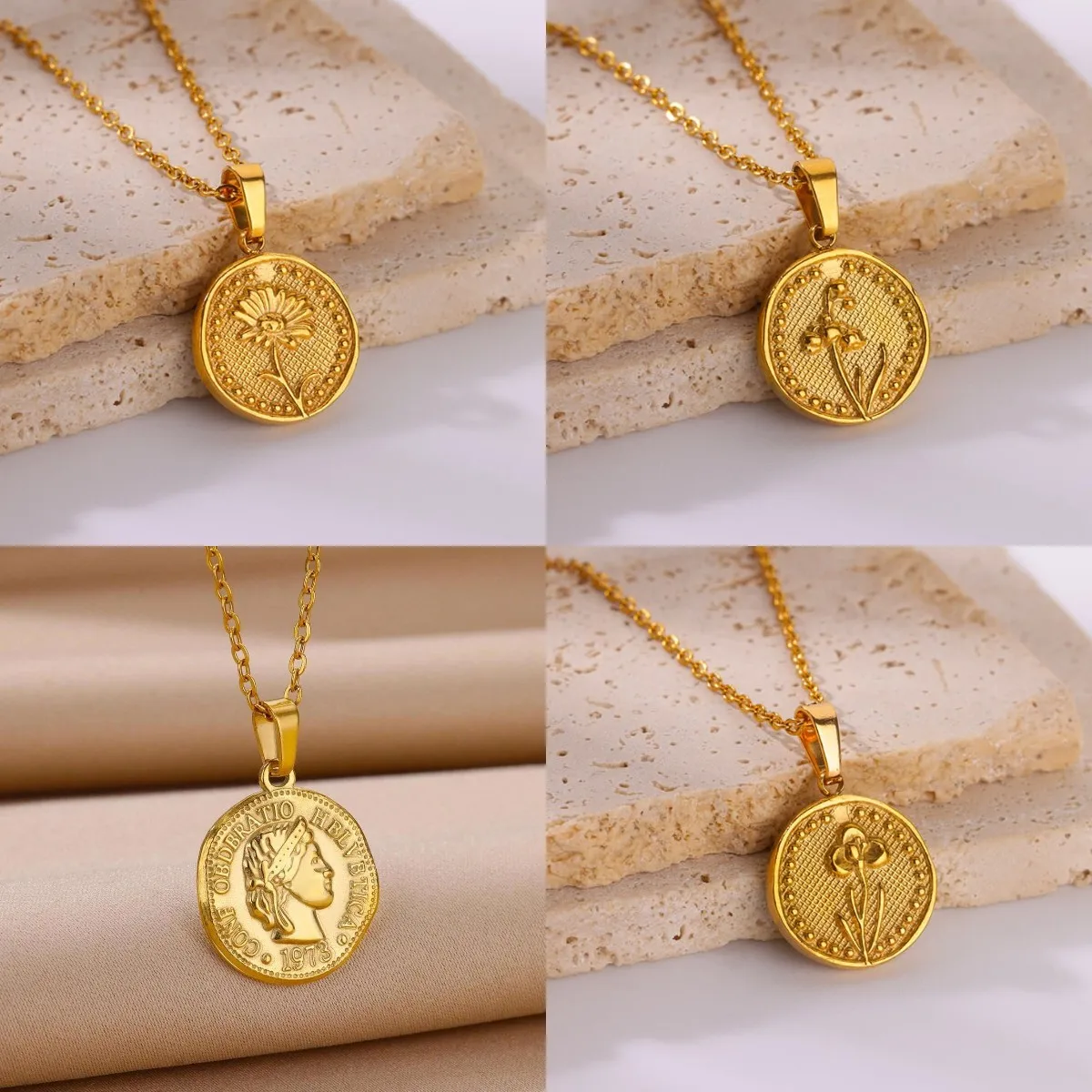 1Pcs Vintage Stainless steel Flowers Necklace For Women Gold Color Minimalist Romantic Couple Pendant Jewelry Gifts