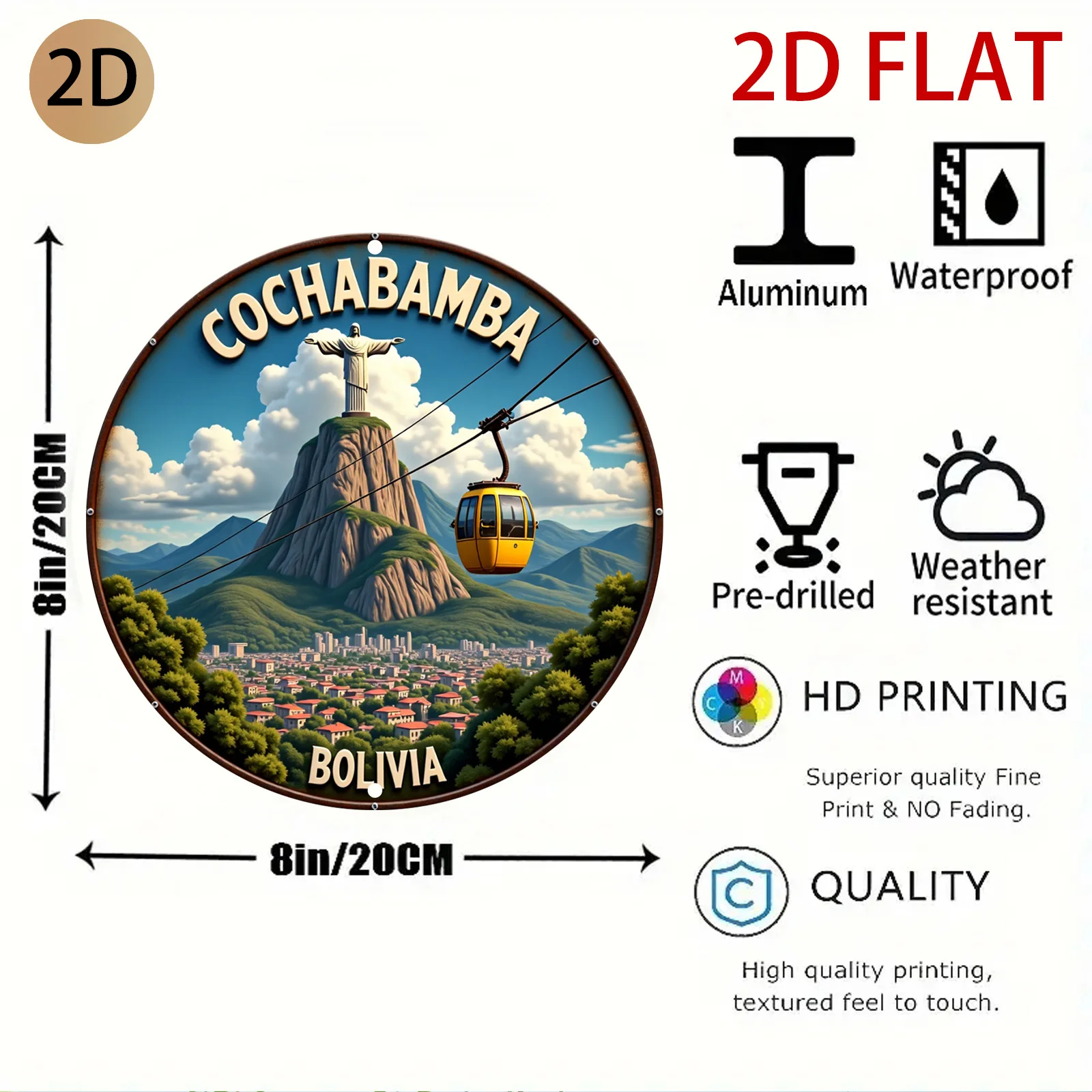 2D Flat Cochabamba Bolivia Circular Metal Wall Art Vibrant Landscape Historic Monument Design Perfect for Home Garage Cafe Or Tr