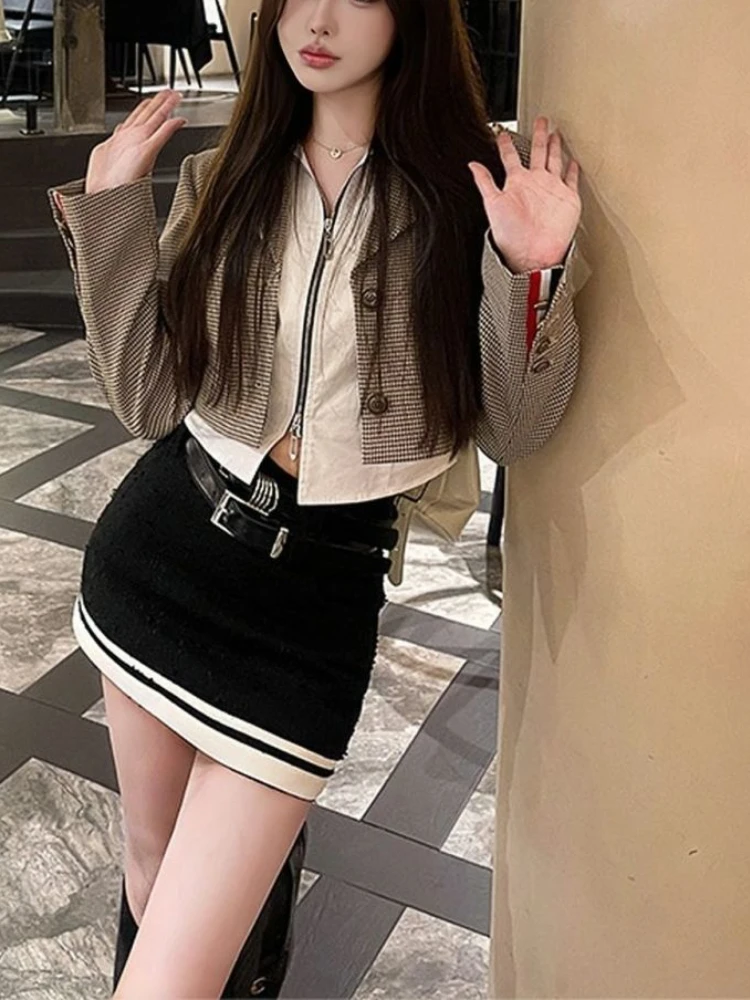 Autumn Fashion Slim 3 Piece Set Women Elegant Pretty Solid Shirt + Long Sleeve Coat Female Chic Design Thin Mini Skirt Suit New