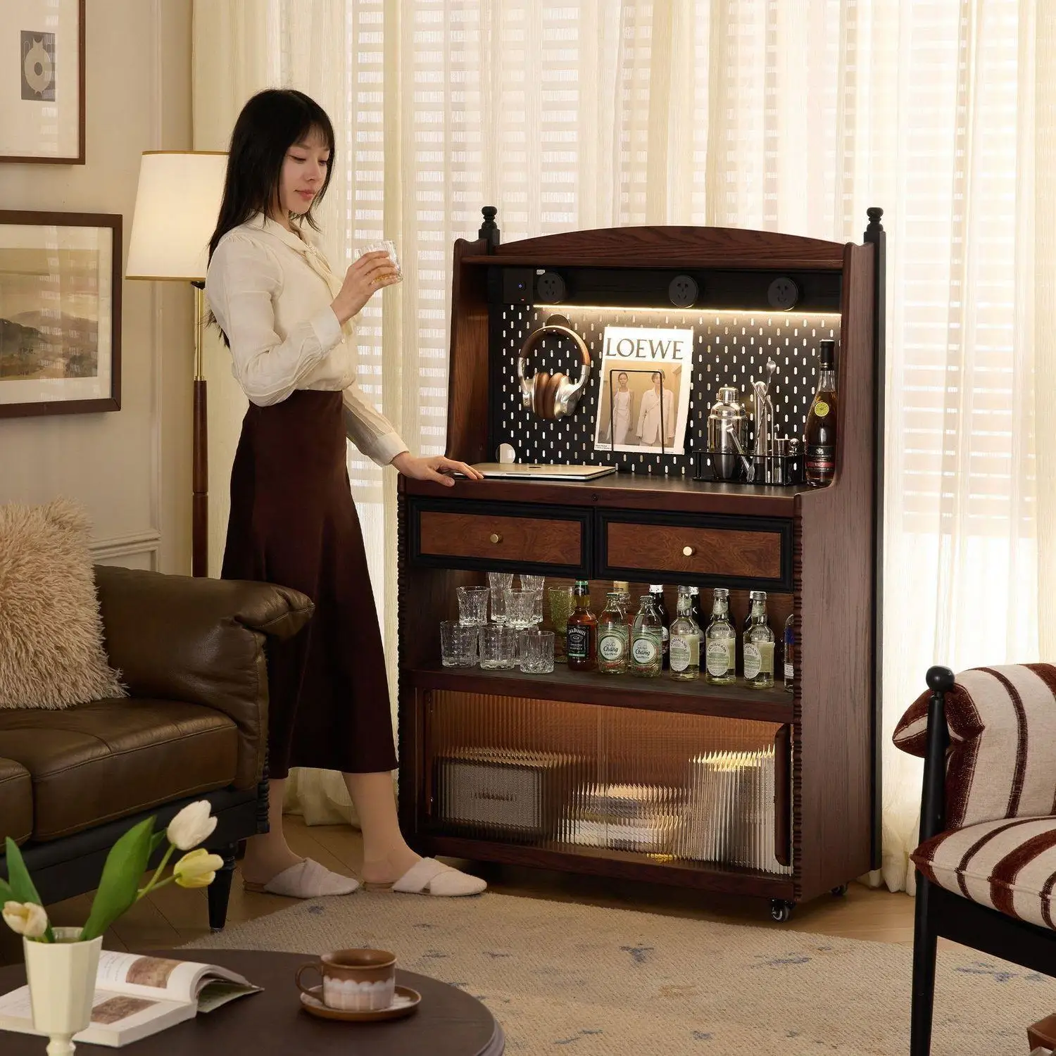 French retro style solid wood side cabinet with wheels restaurant storage storage locker American wine cabinet coffee cabinet