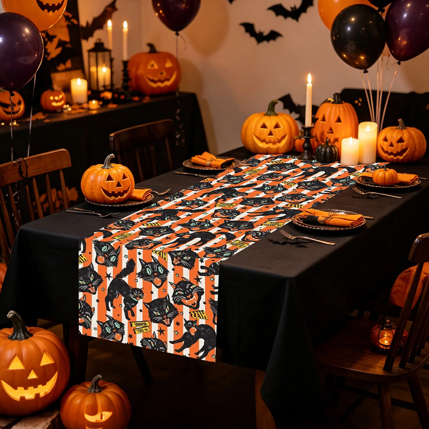 Vintage Halloween Table Runner Spooky Pumpkin Black Cat Witch Design Seasonal Fall Kitchen Farmhouse Dining Home Party Decor