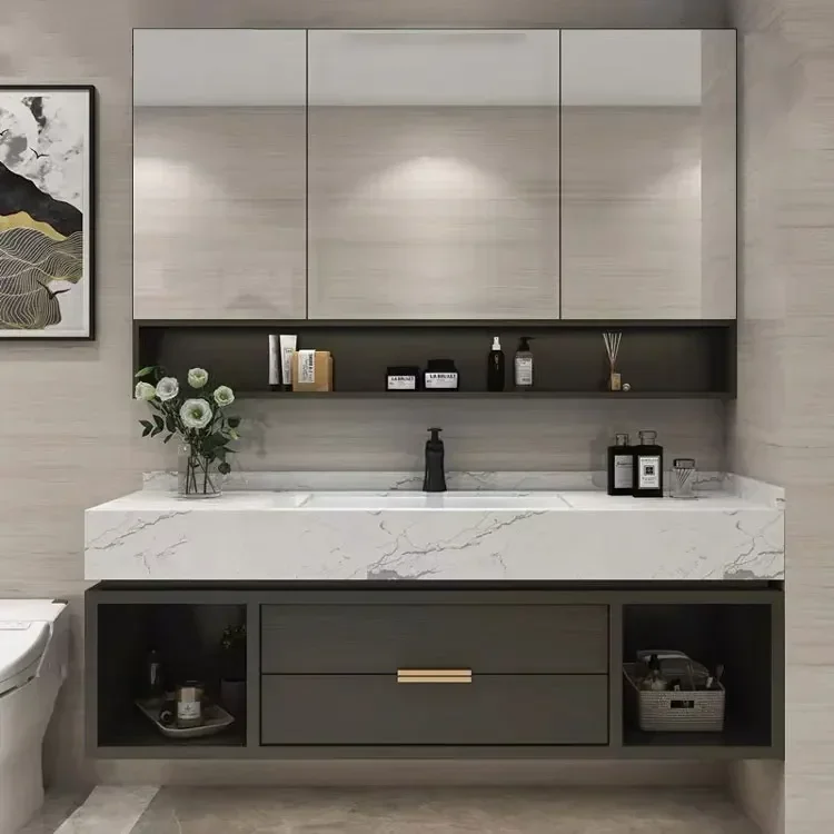 

Modern Cheap Ceramic Hand Sink Solid Wood Bathroom Vanity Cabinet Rectangle Washing Basin Includes Mirror Home Hotel Use