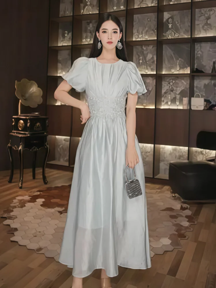

Elegant High Waist Princess Style Dress with Bubble Sleeves Slimming Effect Hepburn Long Dress Summer New Arrival Lightweight...
