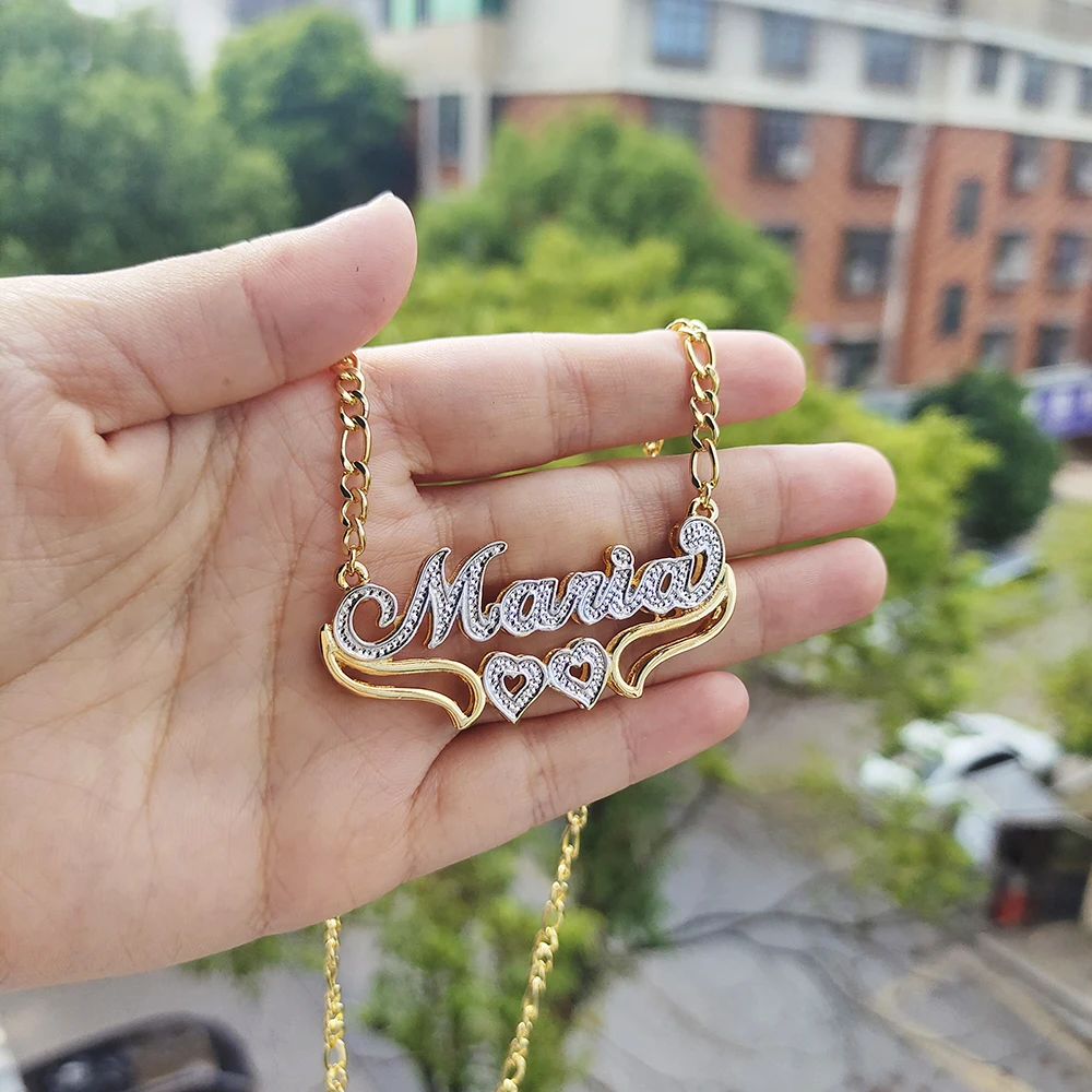 

DODOAI 2023New Custom Double Gold plated Nameplate Letter Necklace Figaro Chain Necklace Personalized Name with Heart Shape Gift