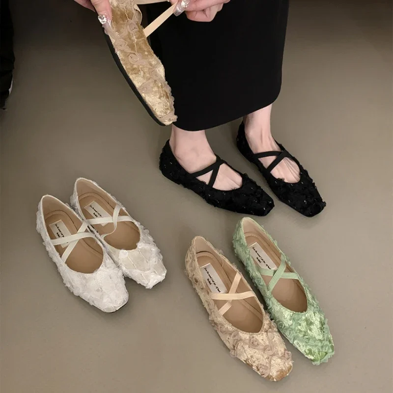 2024 Fashion Autumn Retro Style Slip on Women Ballet Flats Elegant Cross Spring Ladies Comfort Soft Sole Mary Jane Shoes