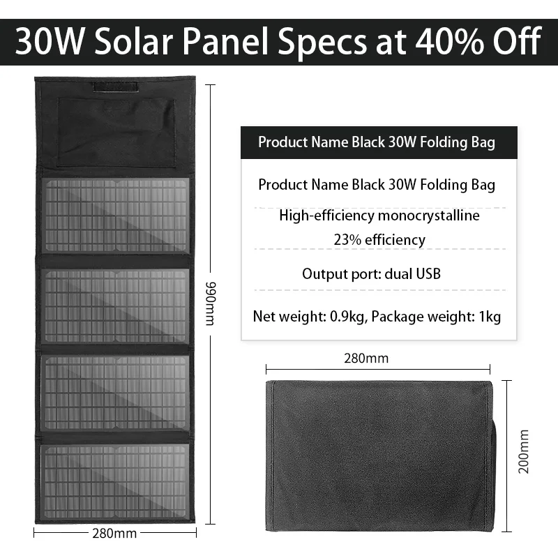 Portable 30W Solar Panel For Outdoor Use Usb Output 5A Fast Charging Stable Charging Generate Power Wherever There Is Sunlight