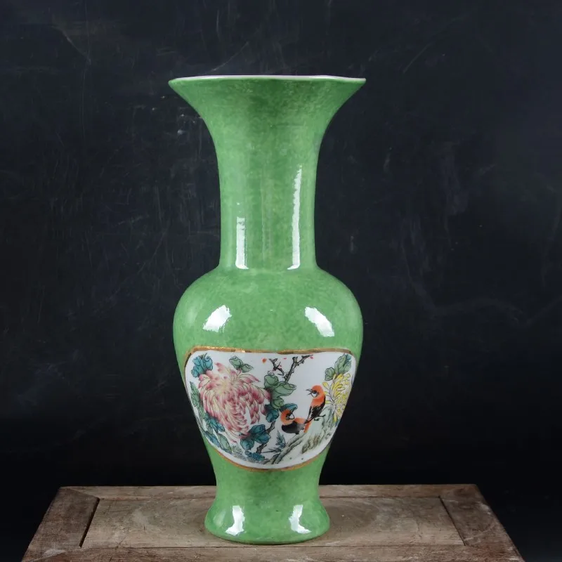 8.66 inch Chinese Green Glazed Porcelain Flowers Birds Pattern Vase Jurentang