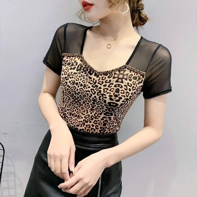 

#5396 Leopard Black Casual T Shirt Women Spliced Mesh Slim Short Sleeves T Shirt For Girl Sexy V Neck Korean Style Summer Top