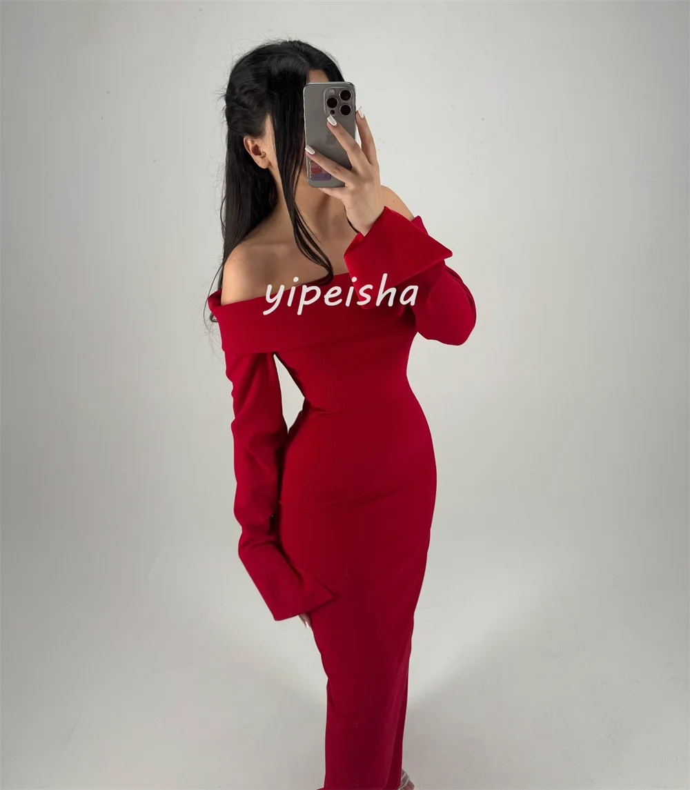 Vestidos largos personalizados de alta calidad, Jersey clásico, columna fruncida, hombros descubiertos, vestidos para ocasiones a medida, elegantes a juego