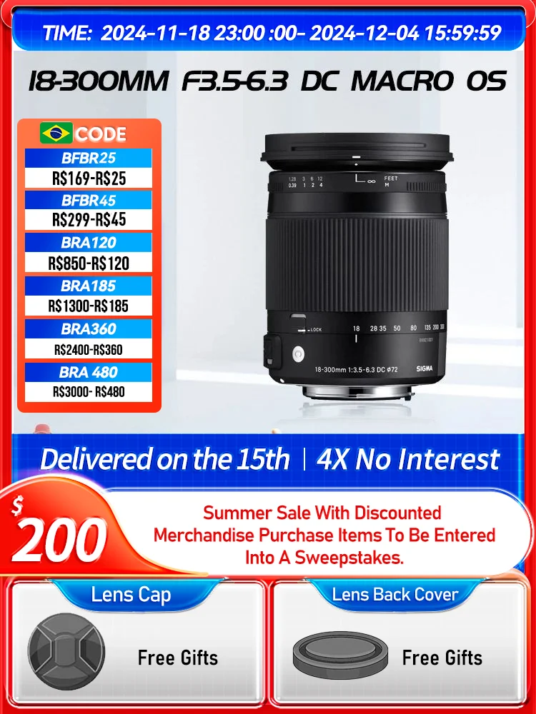 Sigma 18-300mm F3.5-6.3 DC MACRO OS HSM APS-C Wide Angle Zoom Digital SLR Camera Lens for Canon 6D II Nikon 18 300 3.5-6.3（Used）