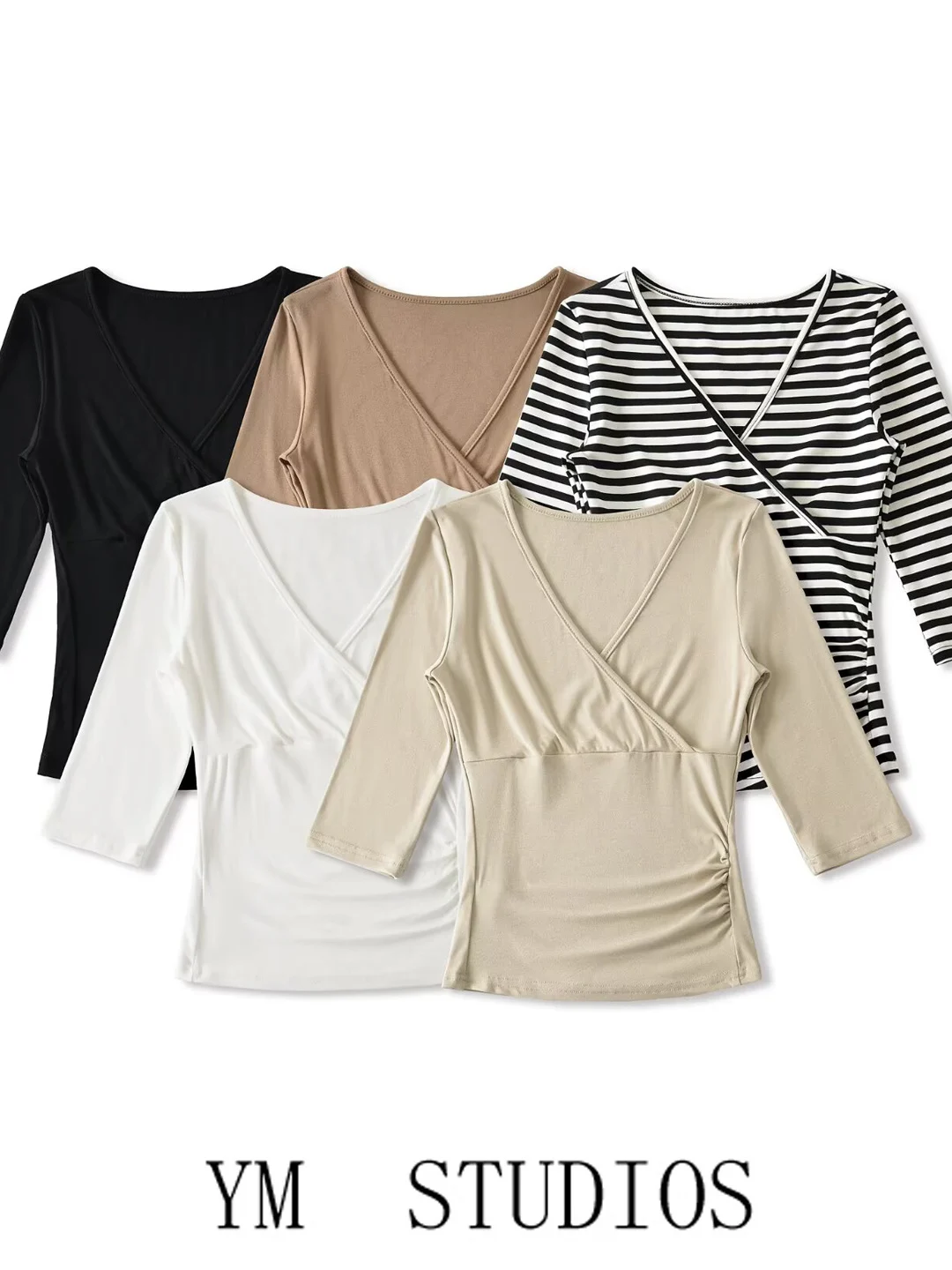 Slim Fit Women's T-shirt V-neck Cross Design 5/8 Sleeve Ultra-wearable Pleated Top High Waist Cotton Polyester Blend