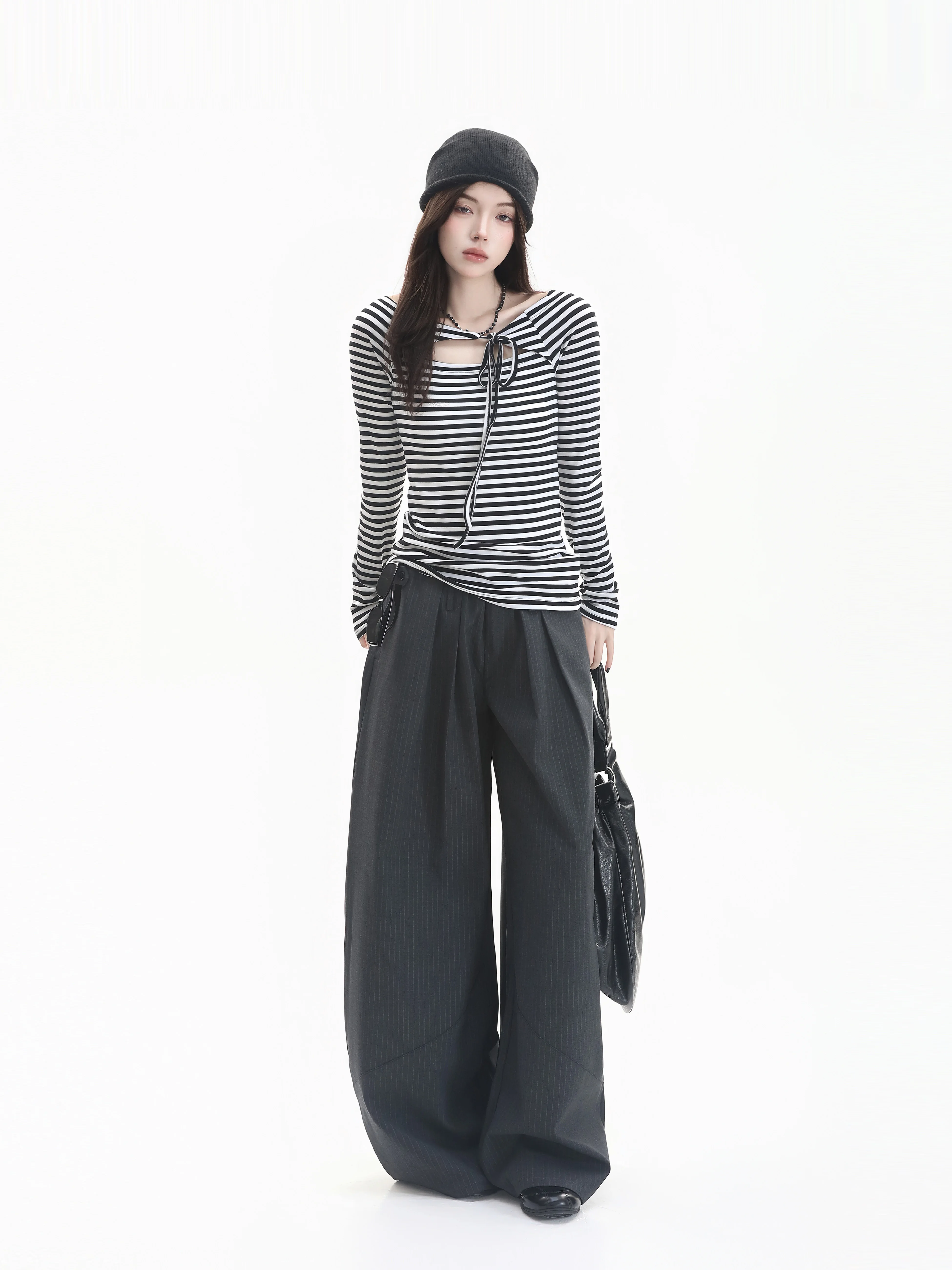 Slimming Striped Color Block Long Sleeve T-Shirt Korean Style Casual Fashion Shoulder Width Regular Length for Women