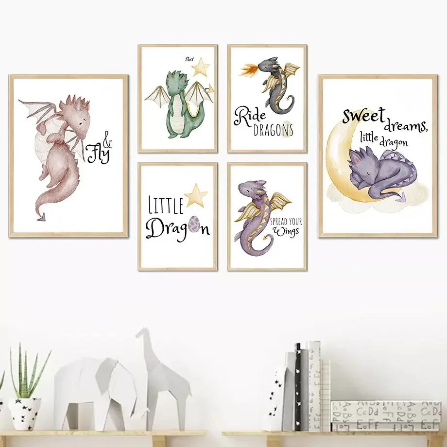 Multi-size 1PC frameless high-definition decorative paintings,Cartoon Sweet Dream Little Dragon Moon Boho Poster Nordic Wall Art