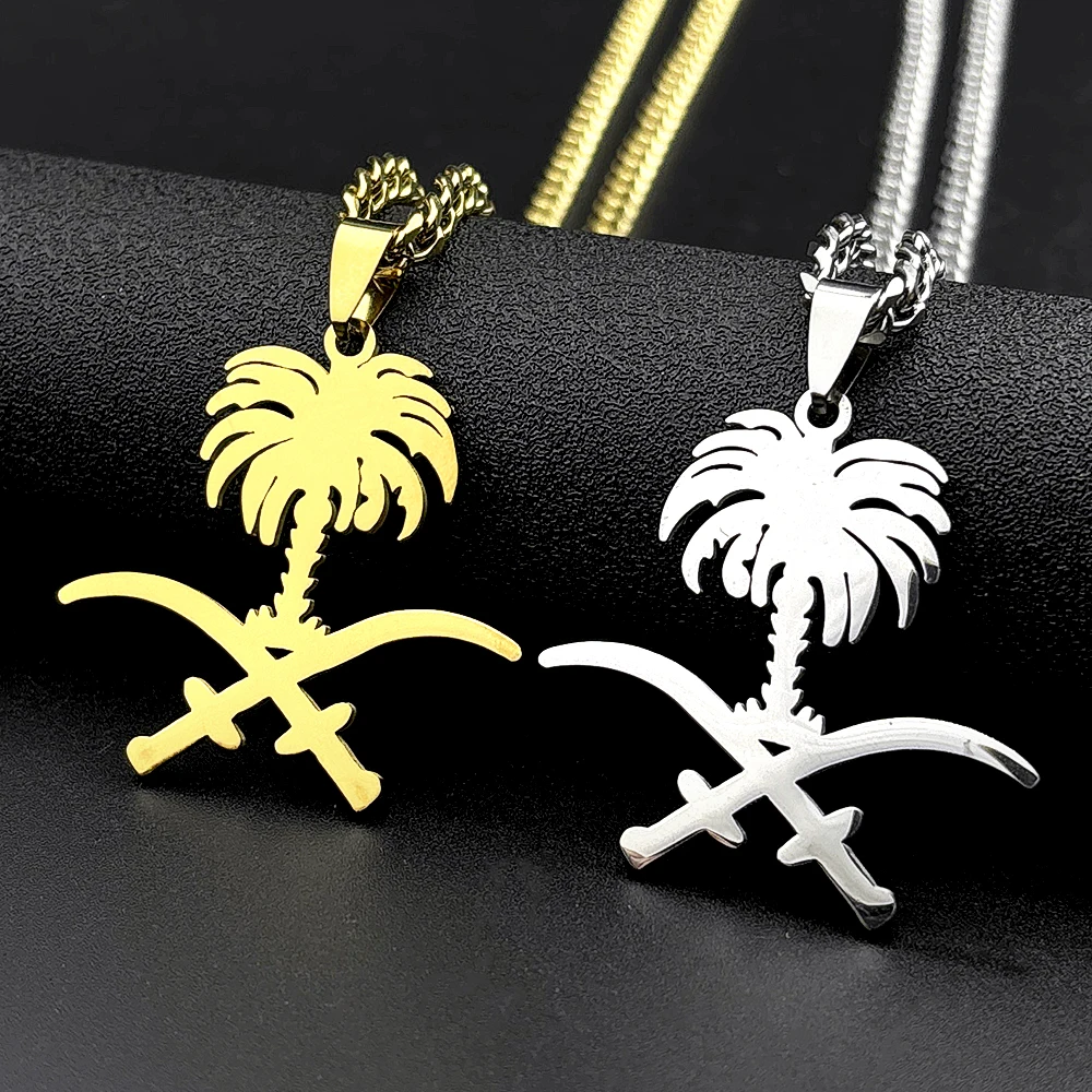 Saudi Arabia National Emblem Palm Tree Crossed Ali Sword Pendant Necklace Stainless Steel Gold Color Islamic Arab Chain Jewelry