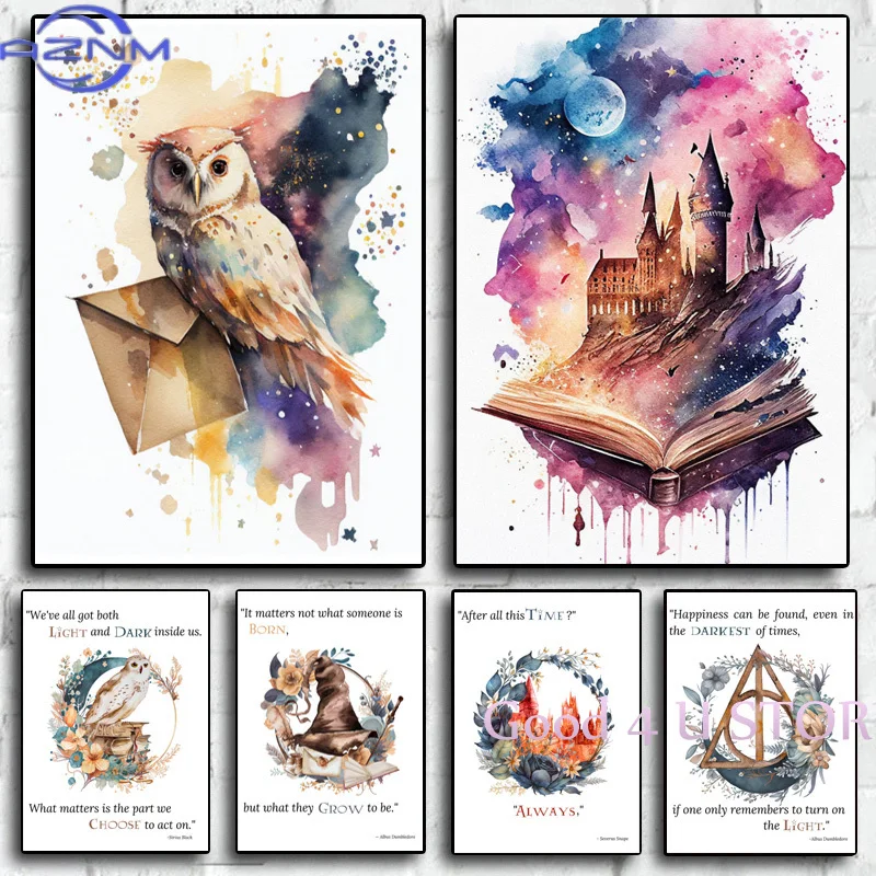 AZNM - Póster de lienzo con citas clásicas de la película Harry Potter, escuela de magia, escoba voladora, búho, decoración de pared para el hogar y la habitación de los niños