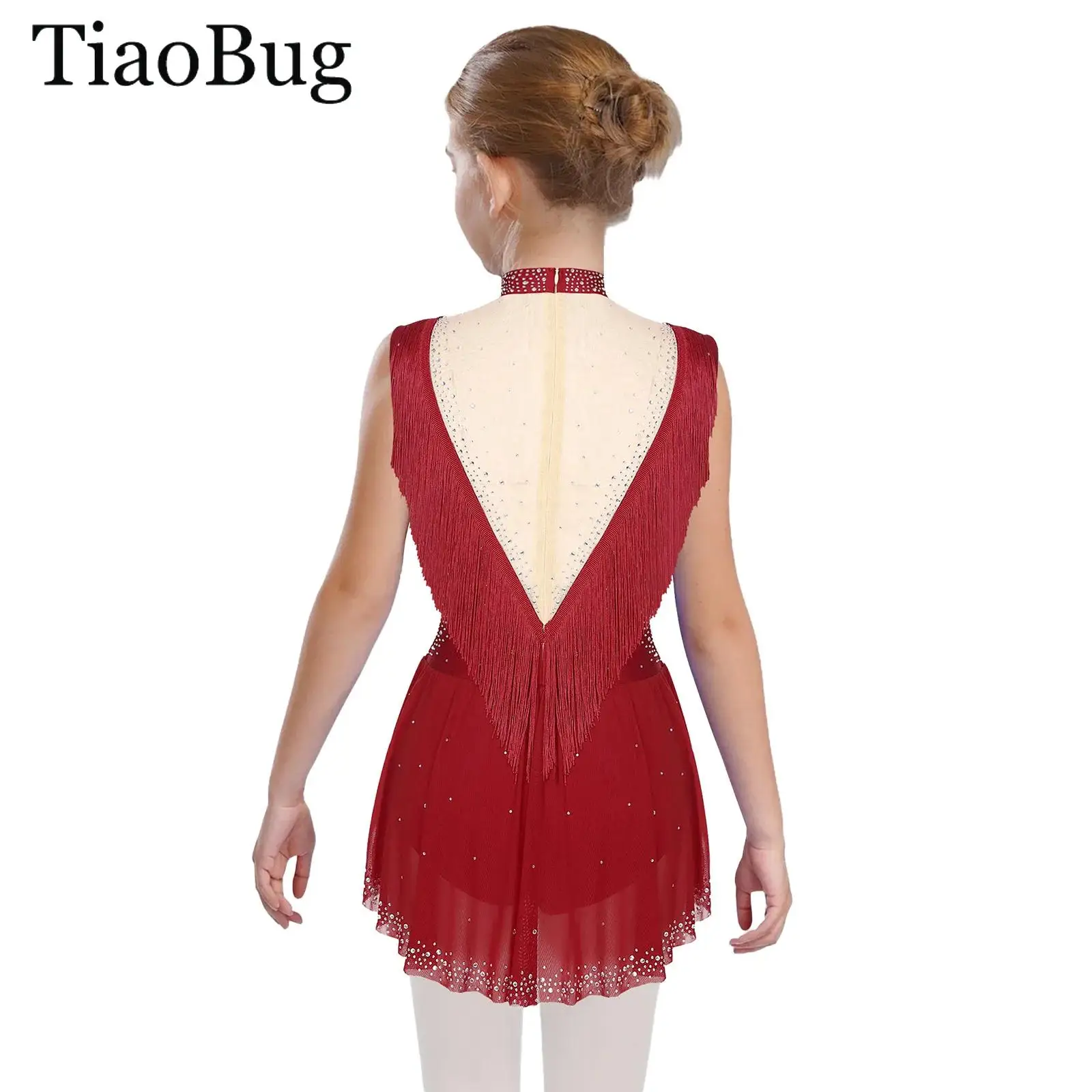 

Girls Sparkling Rhinestone Ballet Leotard Sleeveless Tassel Skirted Bodysuit Rhythmic Gymnastics Ballet Jersey Skating Costumes