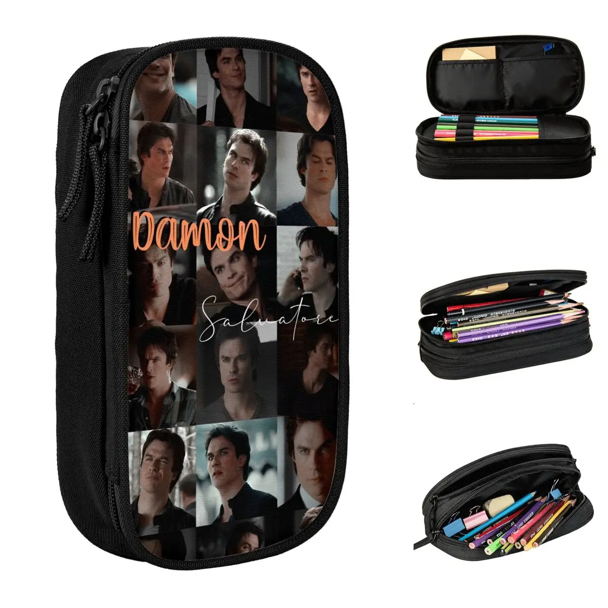 The Vampire Diaries Damon Salvatore Pencil Case Classic TV Pen Box Bags Student Big Capacity School Supplies Gift Pencilcases