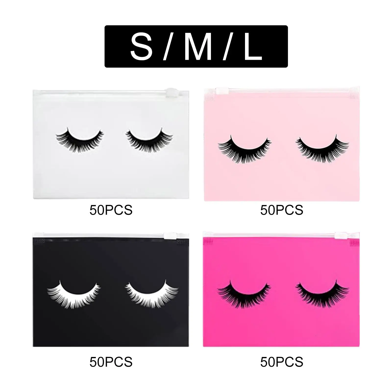 50個の空のまつげバッグ、まつげメイクアップバッグ、ジッパー付き、再利用可能、洗える、多機能ツール、まつげポーチ