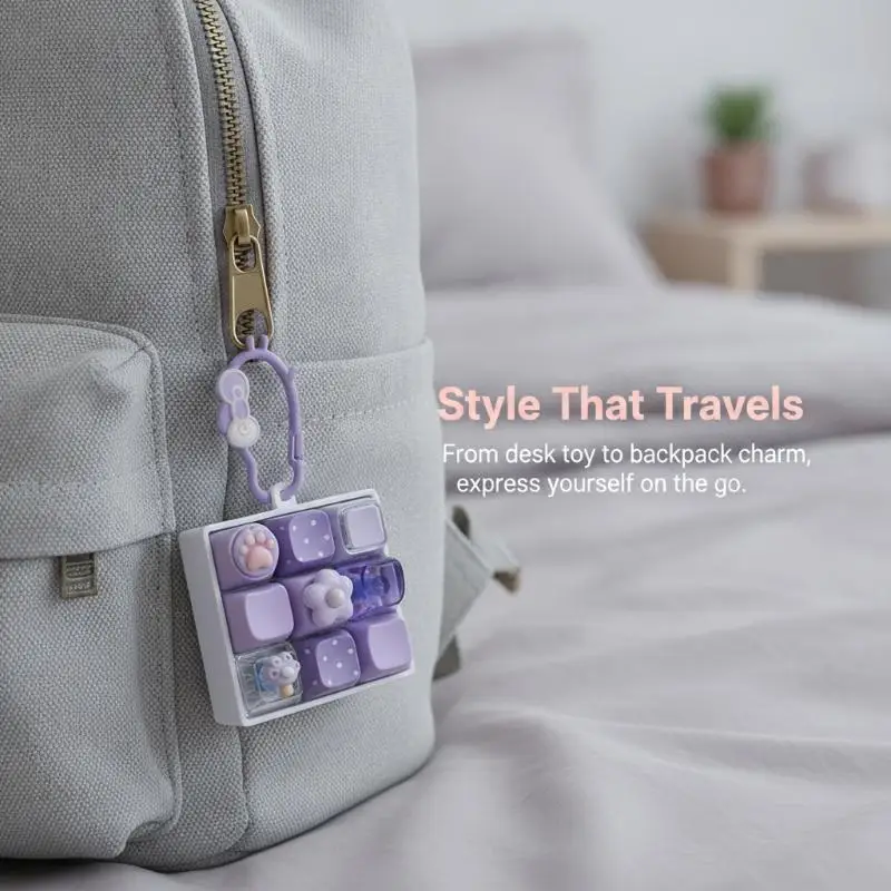 Mechanical Keycap Fidget Keychain 9 Keys Cute Cartoon Pattern Portable Sensory Press Toy for Daily Stress Relief