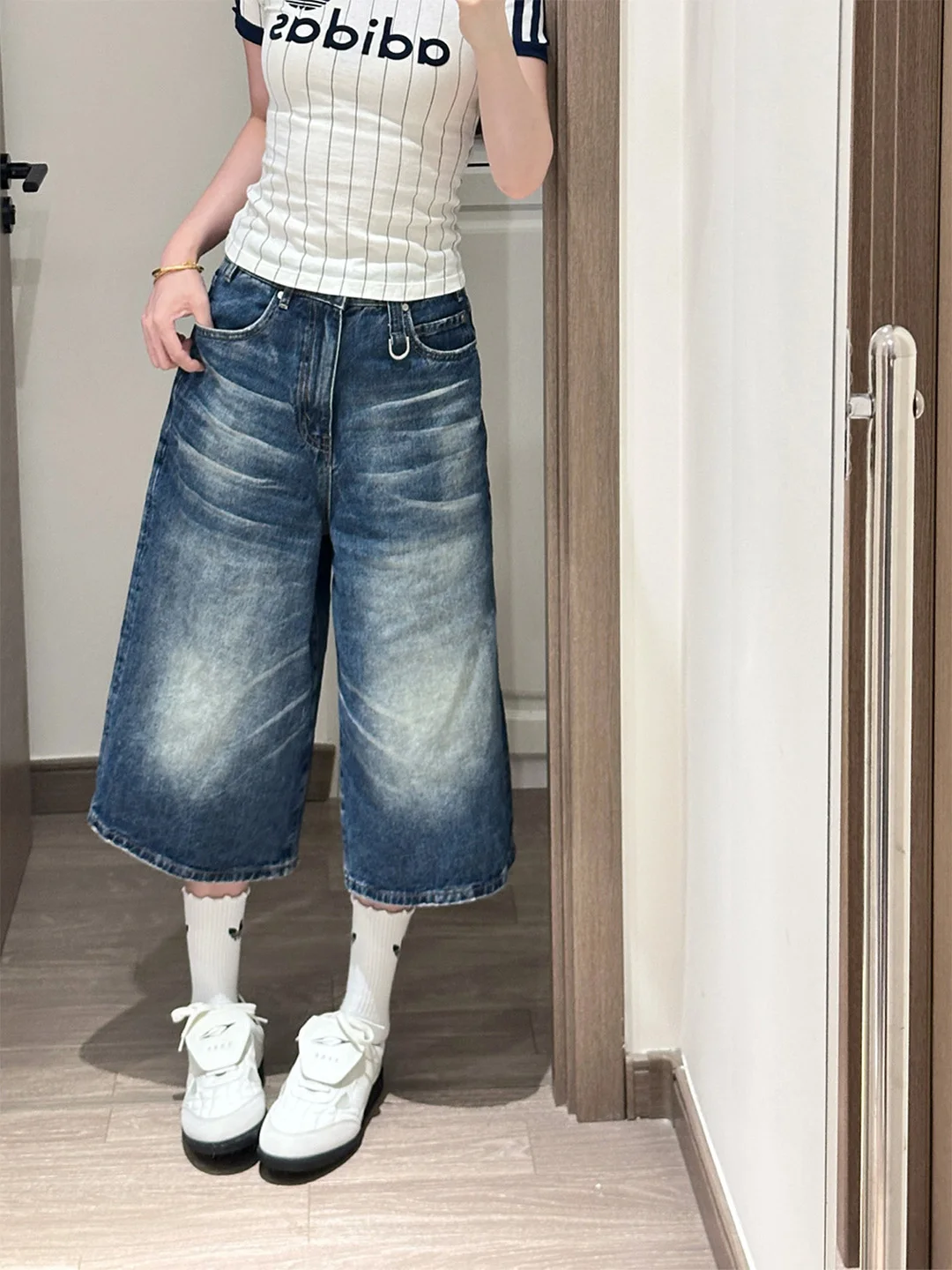 

Retro High Waist Wide Leg Jeans Seven Fold Summer New Style Women Loose Straight Thin Denim Pants Vintage Washed Blue Jeans