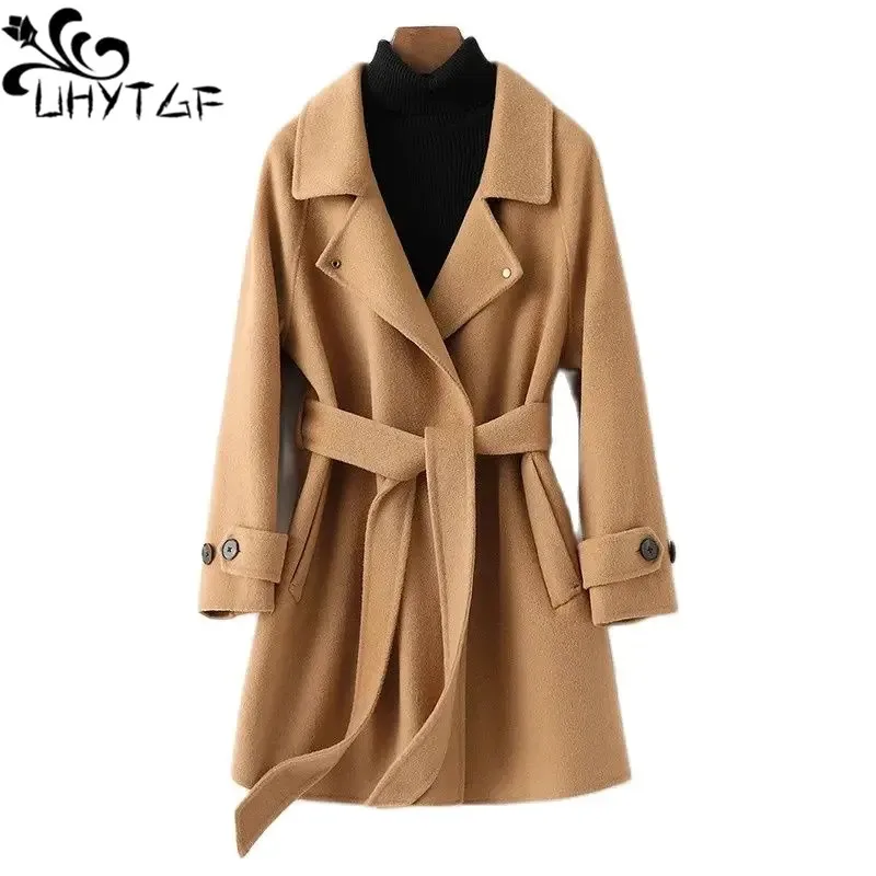 

Authentic Double-Sided Cashmere Wool Coat Woman Pure handmade Autumn Winter Woolen Jacket Female Elegant Belt New Outerwear 2807