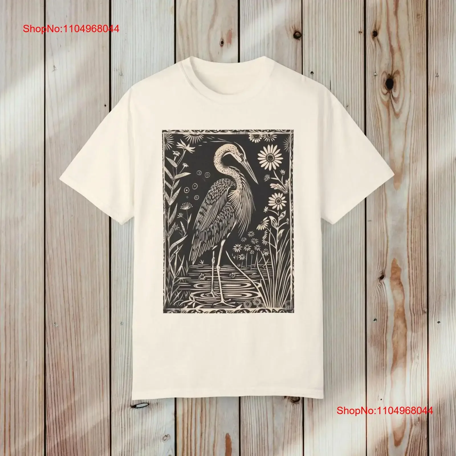 

Great Blue Heron Right Facing Block Print T shirt Bird Lover Boho Aesthetic vintage Washed Stretched graphic fashion Versatile