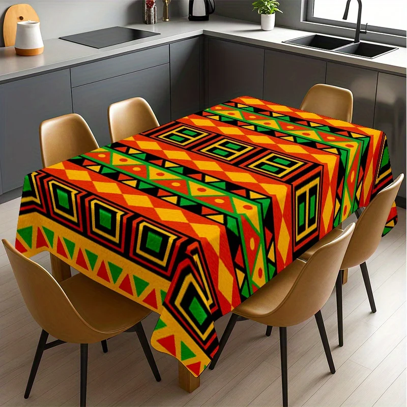2D flat single-piece African-style tablecloth, multi-color geometric tribal pattern (green/red/yellow/black/white)zyc