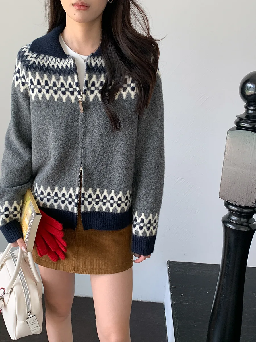 Sweter Ritsleting Ganda Jacquard Pulau Fel Vintage Baru Awal Musim Gugur