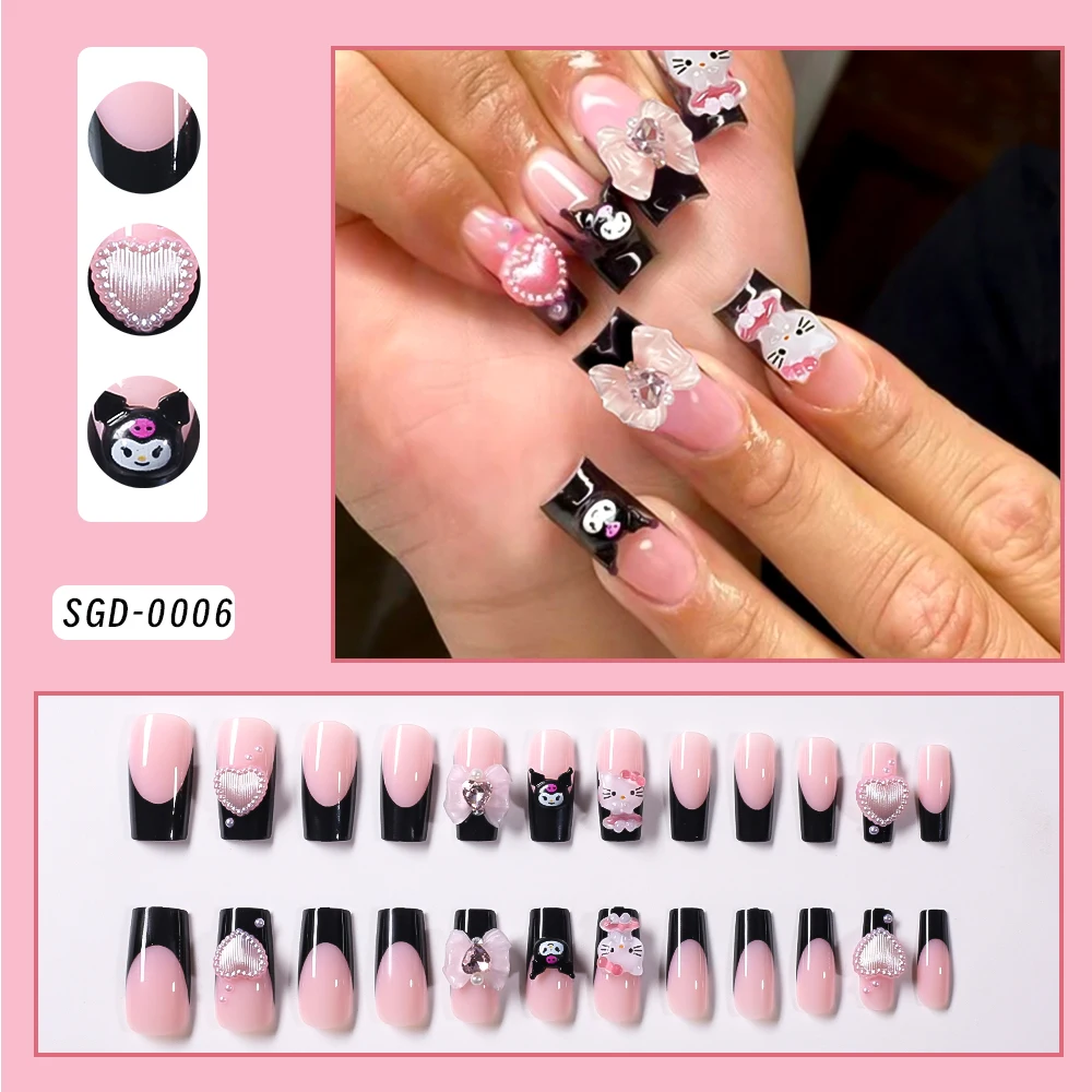 24pcs Black French Kuromi Fasle Nails Hello Kitty Pink Shiny Rhinestones Press On Nails For Women Bow Pearl Kawaii Fake Nails #T