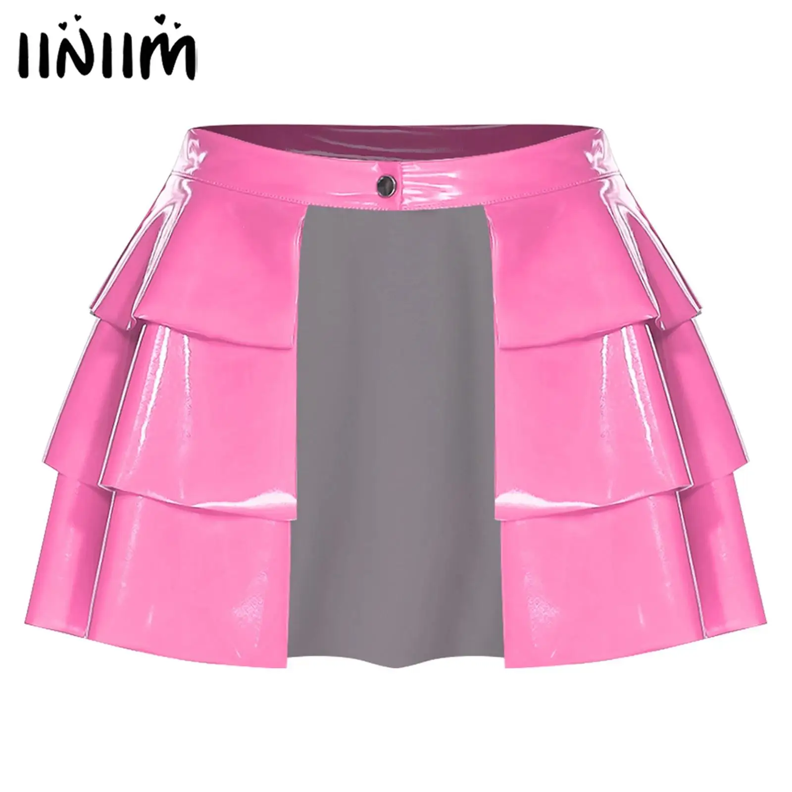 

Womens Glossy PU Skirt Front Open One-button Waist Tiered Ruffled Hem A-line Miniskirt Nightclub Pole Dance Nightwear Costume