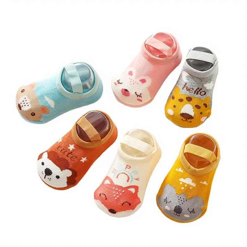 6 pairs of boys and girls' anti slip socks with cute cartoon animal patterns, comfortable and breathable baby floor socks
