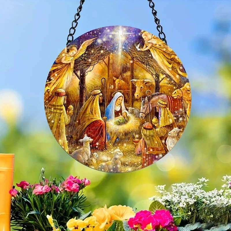 1pc Acrylic Jesus The Virgin Mary Brighten Up Window Wall Yard Suncatcher Round Hangings Double-Side Painted Home Porch Decor