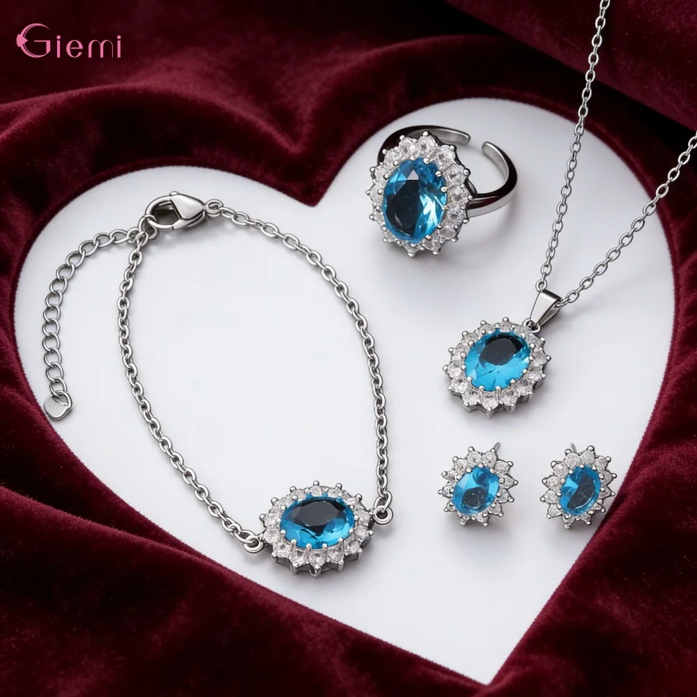 Trendy Oval Gemstone 4PCS Jewelry Set S925 Silver Necklace Earrings Ring Bracelet for Women Fashion Party Wedding Jewelry