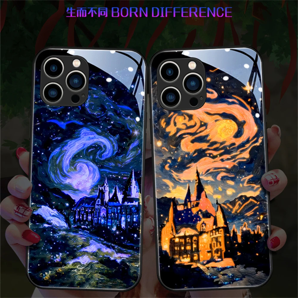 

Starry Sky Castle LED Flash Phone Case For iPhone 15 14 13 12 11 Pro Max X XR XS Plus SE2020 Selfie Light Up Glass Back Cover