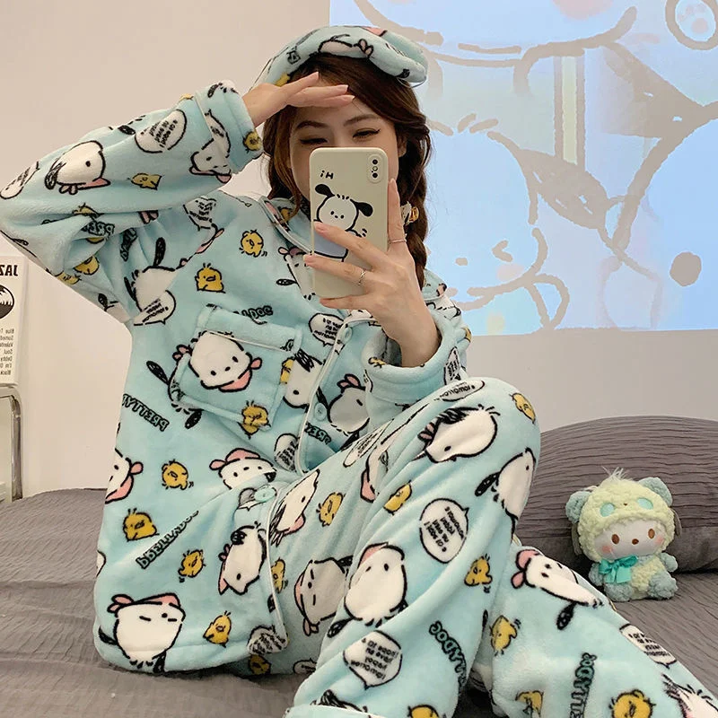 Sanrio Pochacco Cute Printed Plush Pajamas Set Y2k Flannel Soft Home Wear Winter Coral Velvet Student Cartoon Home Clothes Suit