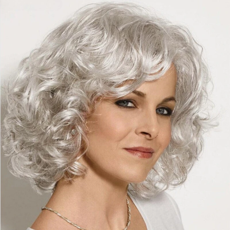 

Short Fluffy Curly Silver Synthetic Hair Wigs For Women Soft Natural Daily
