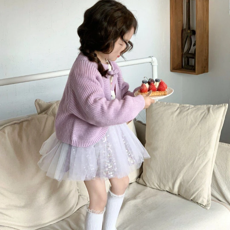 Cardigan Knitting Skirt T-Shirt Korean 2024 New Autumn Western Style Sequins Mesh Cute Sweet Comfortable Tide