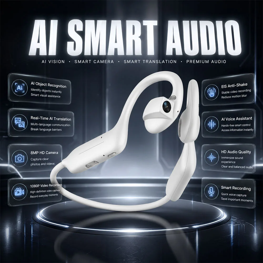 NEW 1080P UHD Bluetooth Earphones 800W Camera Portable Smart Translation Earbuds Outdoor Music Comfortable Wearing Headphones