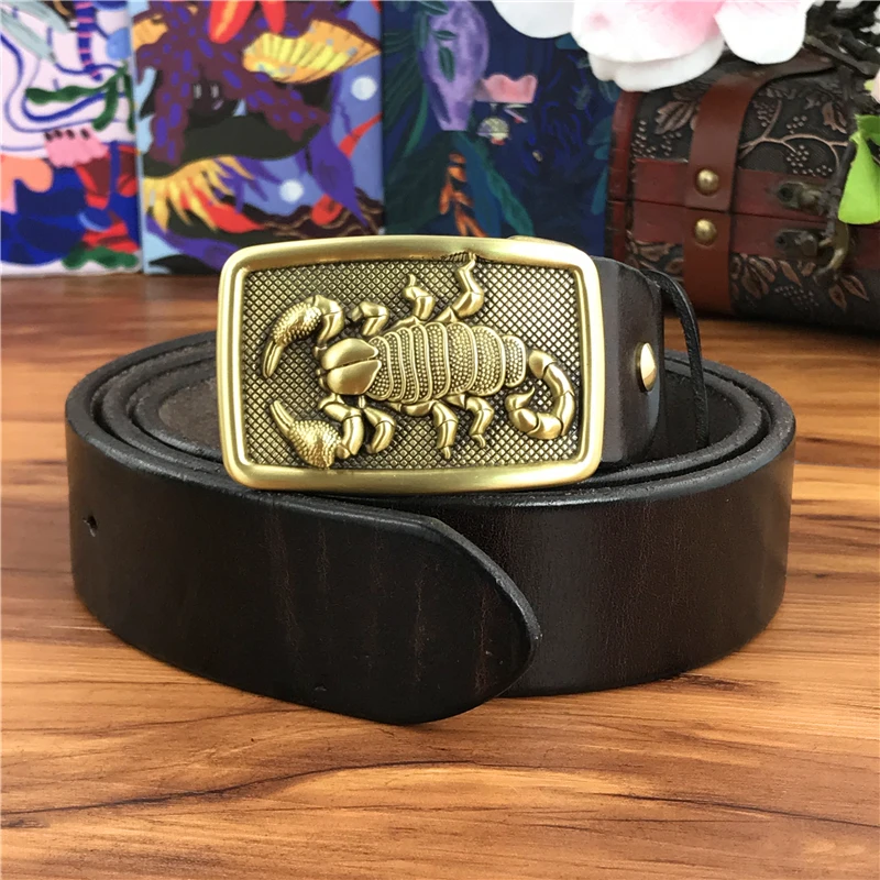 W stylu Vintage mosiądzu klamry pasa pasek z prawdziwej skóry mężczyzna Ceinture żółty pas Cowboy Jeans mężczyzn "pas długi 130CM pasek spodni MBT0006 — zdjęcie 4