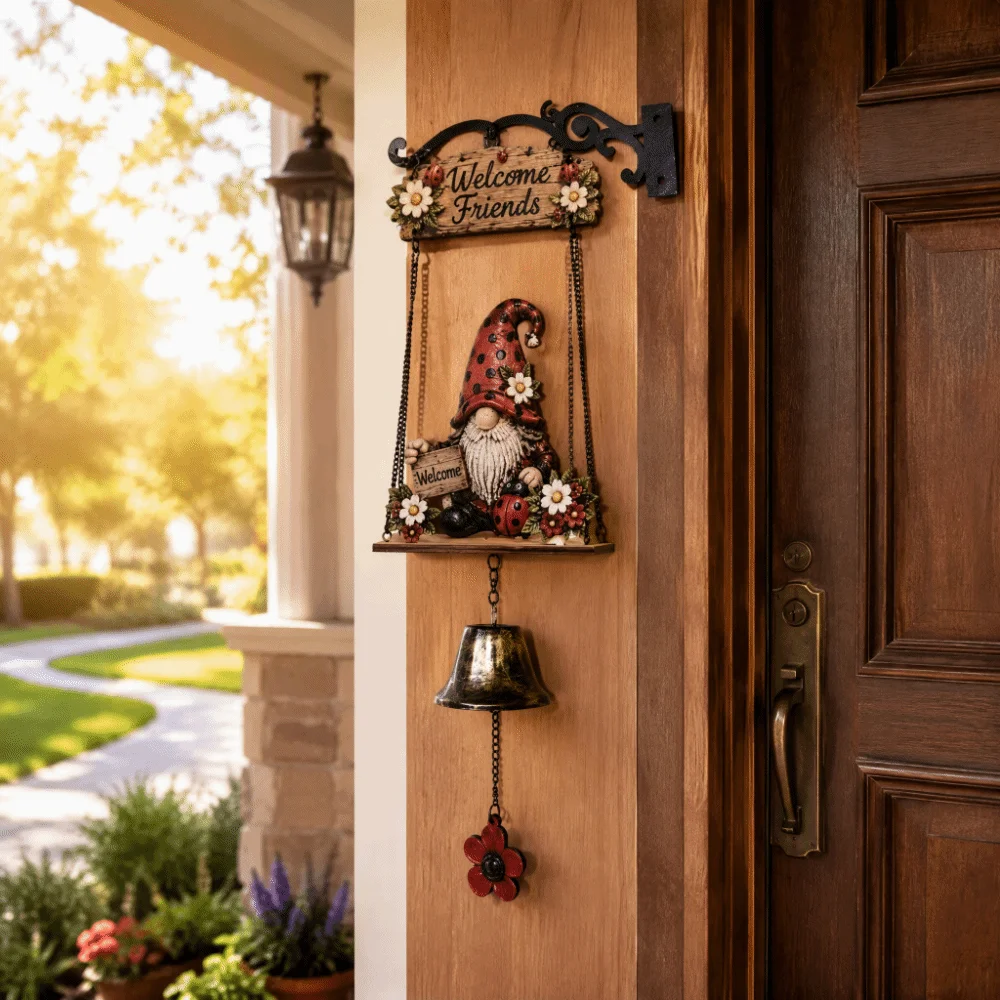 Metal Bell Gnome Welcome Sign 7.1x16.9in Rustic Finish Gnome Doorbell Decor Integrated Outdoor Welcome Ornament For Fence