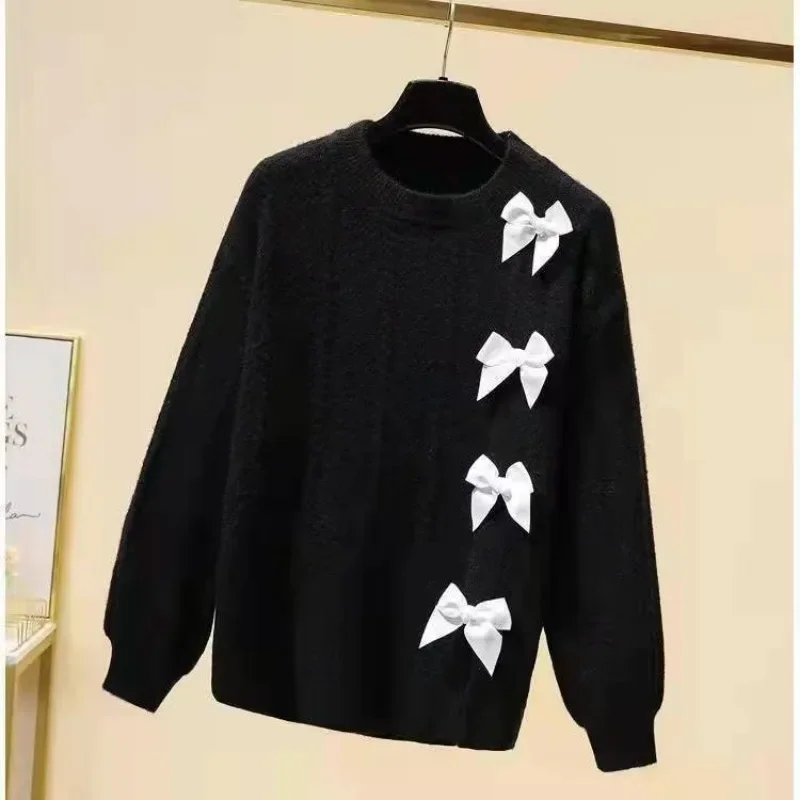 Neploe Elegant Sweet Bow Split Sweaters Mujer 2024 Autumn New O-neck Lazy Tops Women Y2k Long Sleeve Knitted Pullovers