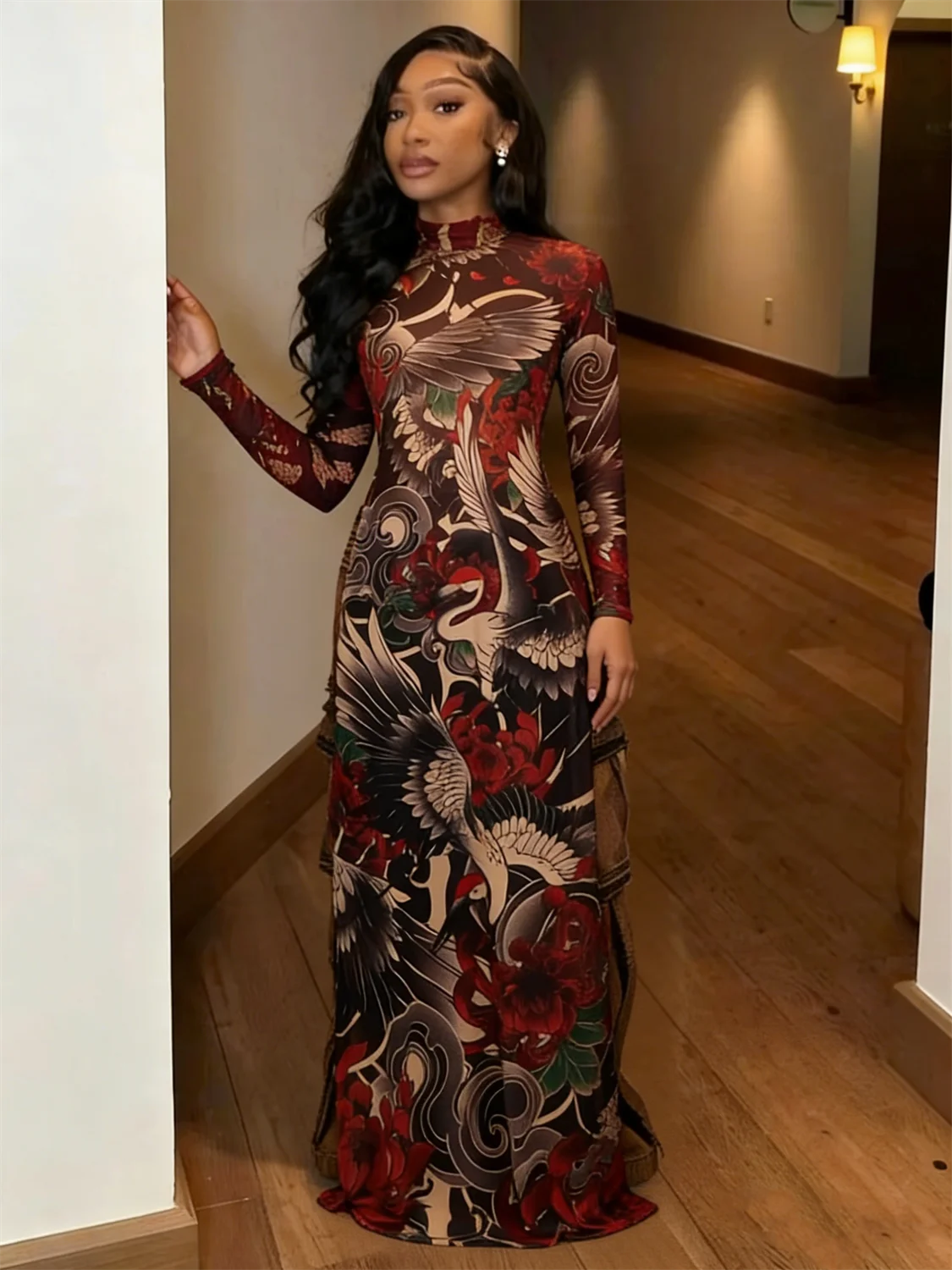 

Cutenew Trend Stylish Print Split T-Shirt Women X-Long Half High Collar Full Sleeve Colorful Hottie Wild Stretch Slim Streetwear