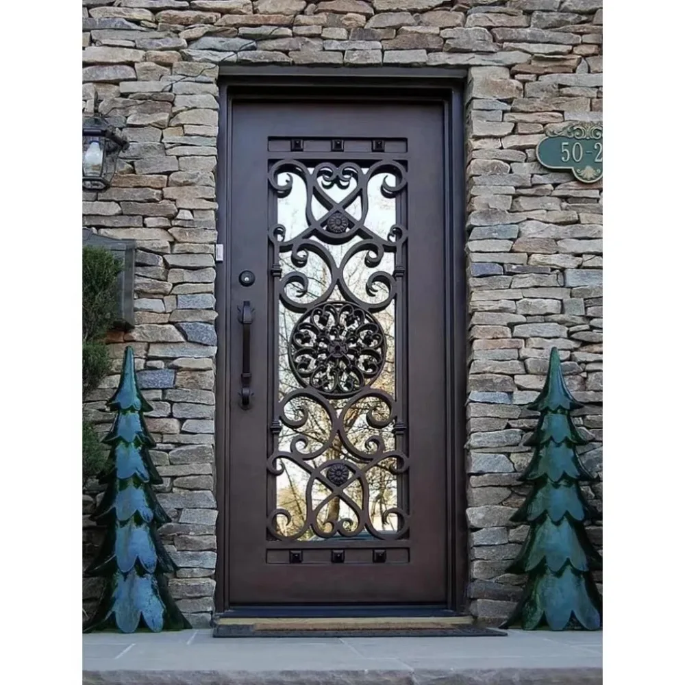 Iron Door Customized Size Safety ,Designs Pictures luxury Front Door Wrought ,with glass window