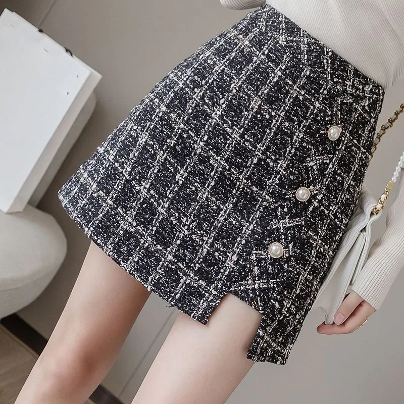 Vintage Plaid Tweed Skirt Women Korean High Waist Office Mini Skirts Ladies Fall Winter Thicken Zip A-line Wool Skirt