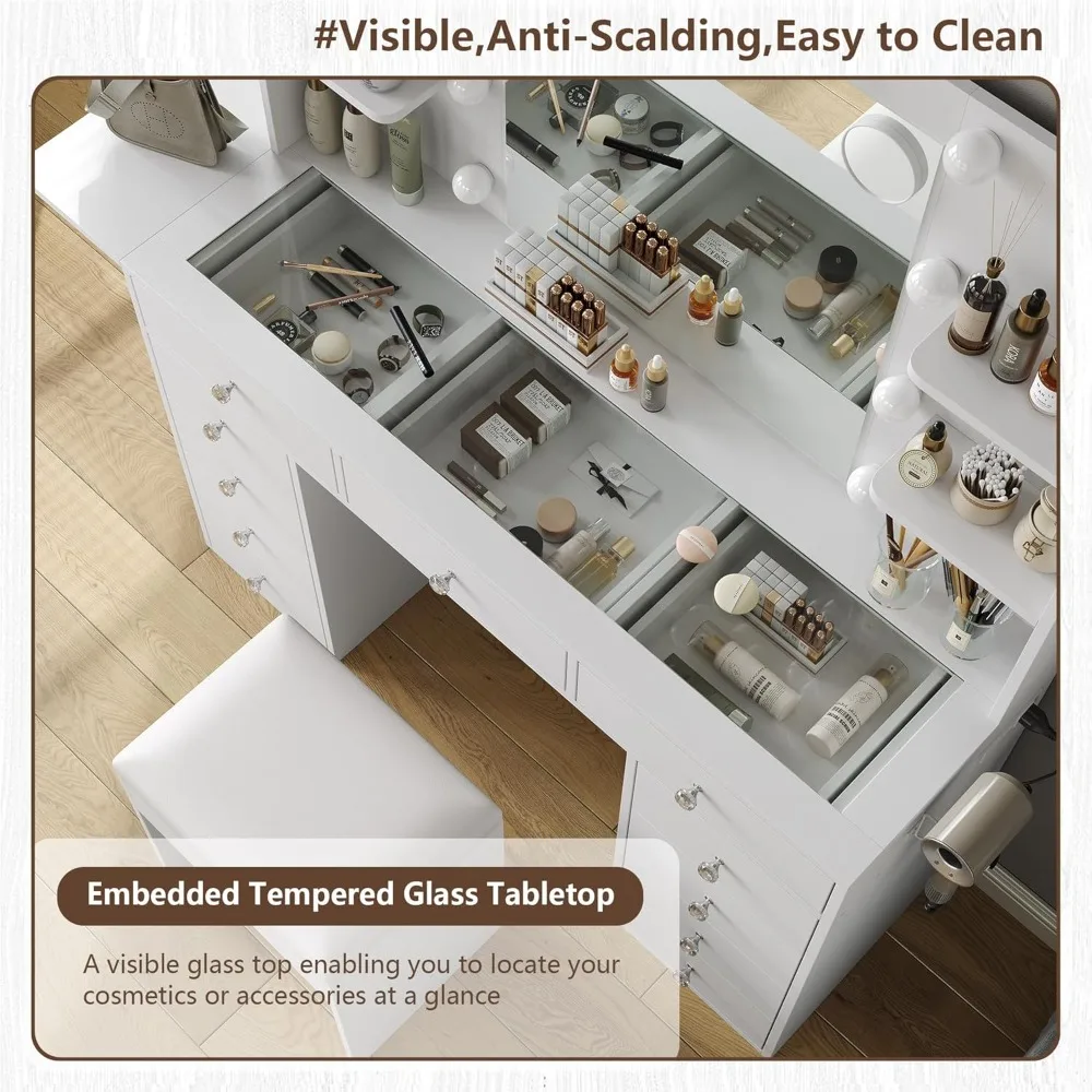 مكتب مع مخرج طاقة، طاولة مكياج 47 بوصة مع مرآة و12 مصباح LED، 3 أوضاع إضاءة ملونة، 11 درجًا للمكياج