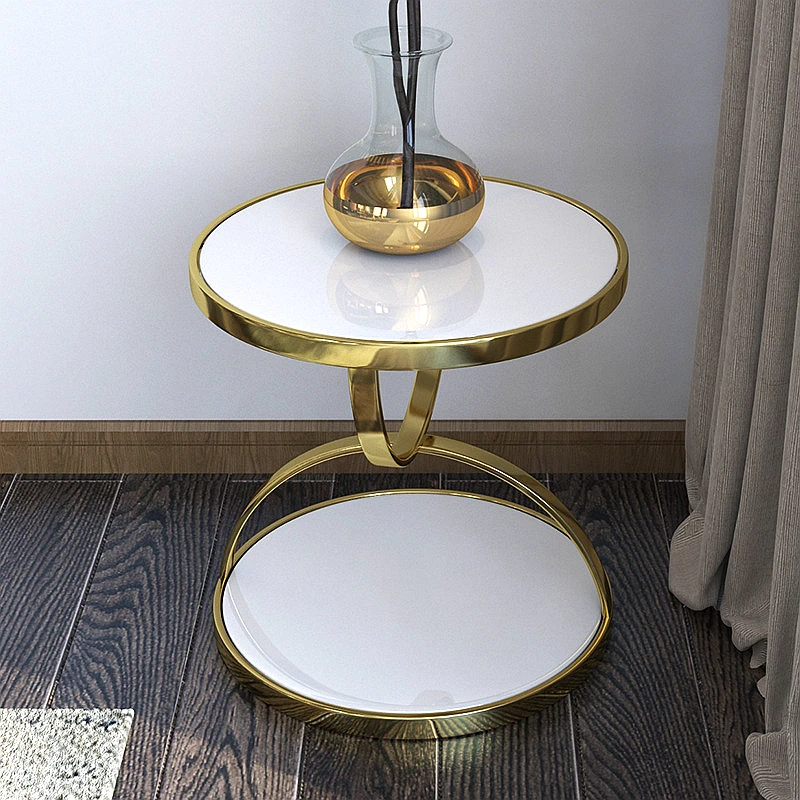 Luxury Toughened Marble Glass Corner Table Living Room Marble Sofa Side Stainless Steel Gold Round Postmoder Furnitures